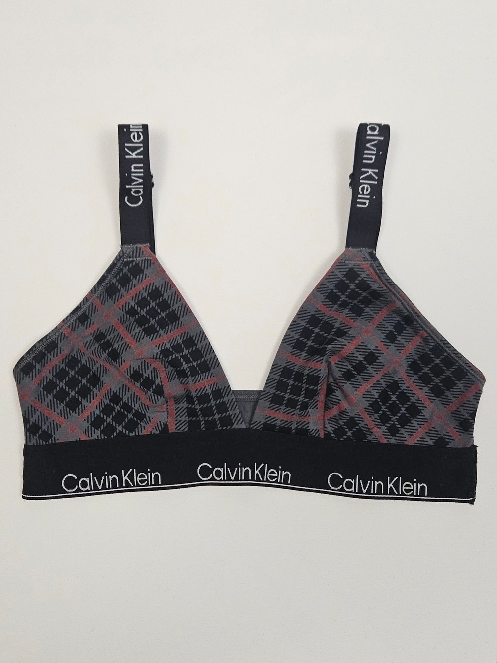 Calvin Klein Plaid Triangle Bralette Size M Grey Red Logo Strap Bra